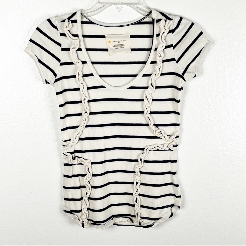 ANTHROPOLOGIE LITTLE YELLOW BUTTON Striped Ruffled Short Sleeves Top, Size XS